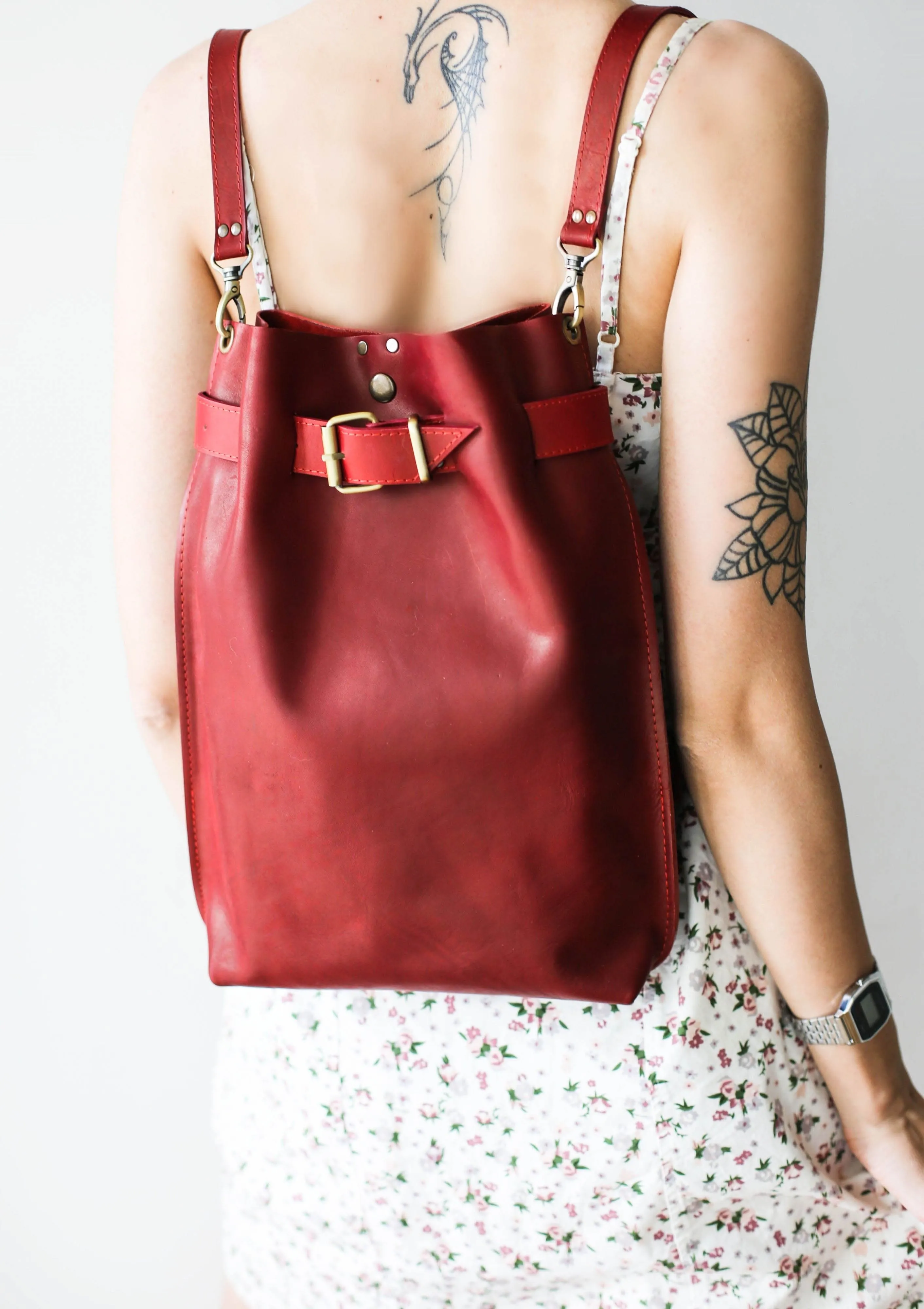 Red Large Leather Backpack Purse