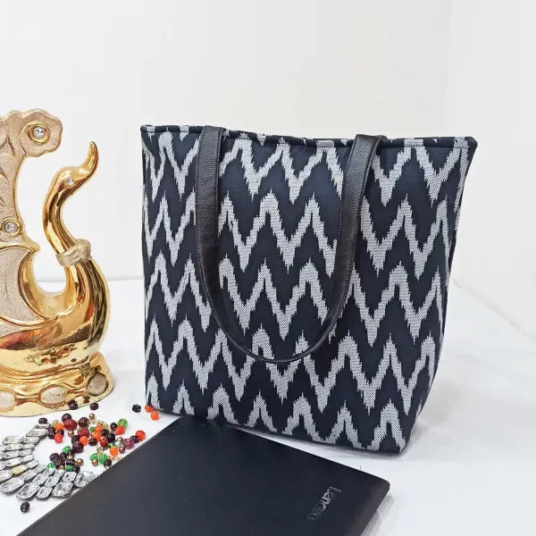 Sarus Crane Lifestyle Tote with Laptop Balck with White zig zag Design.