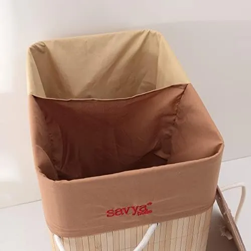 SAVYA HOME Bamboo Laundry basket with lid | Laundry bags for clothes | Foldable & Durable with liner bag | Perfect cloth basket, toys organiser storage | Light Brown (2)