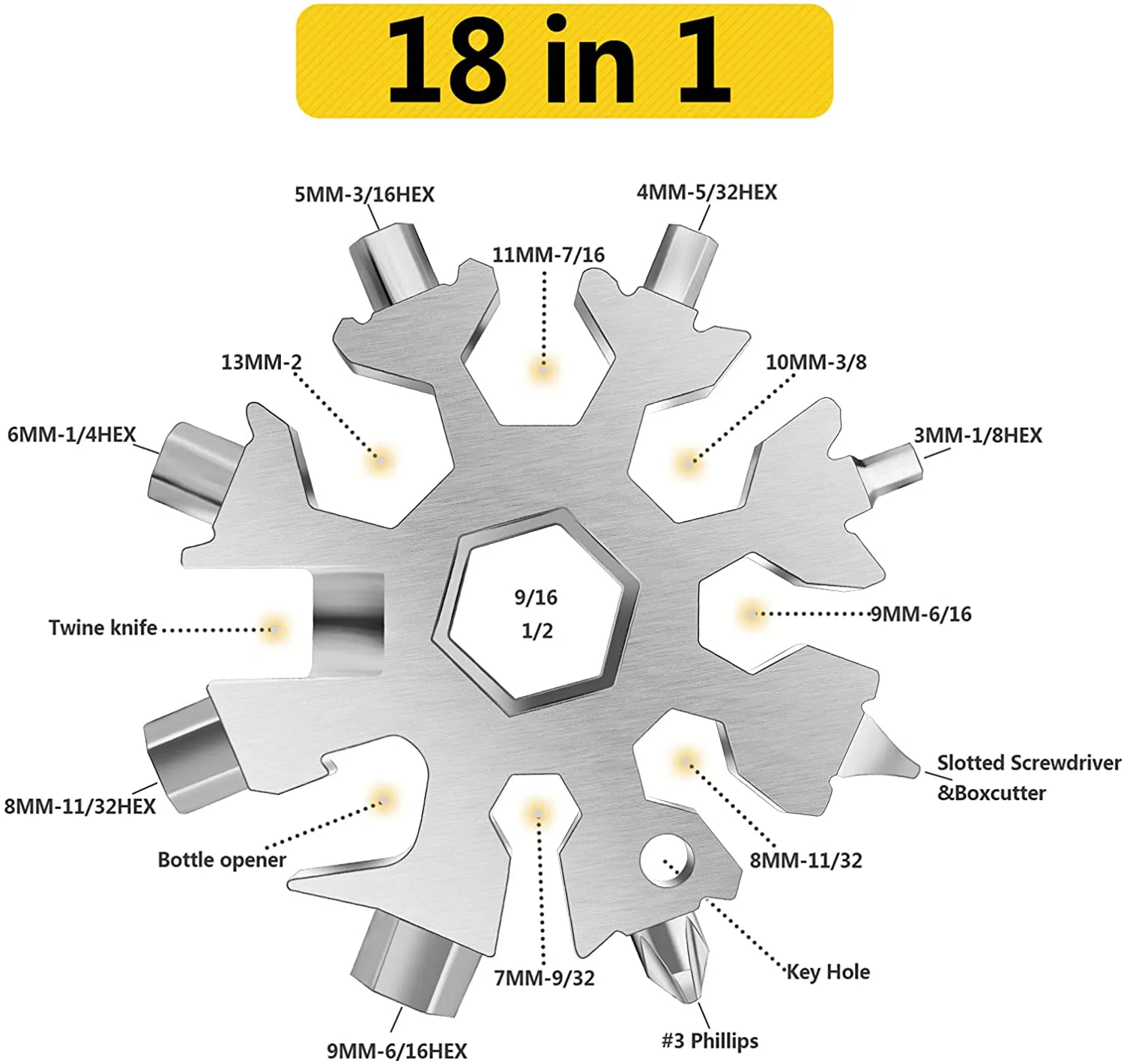 Snowflake Multi Tool, 1PC 18 in 1 Snowflake Tool Stainless Steel Snowflake Handy Tool with Keyring (Silver)