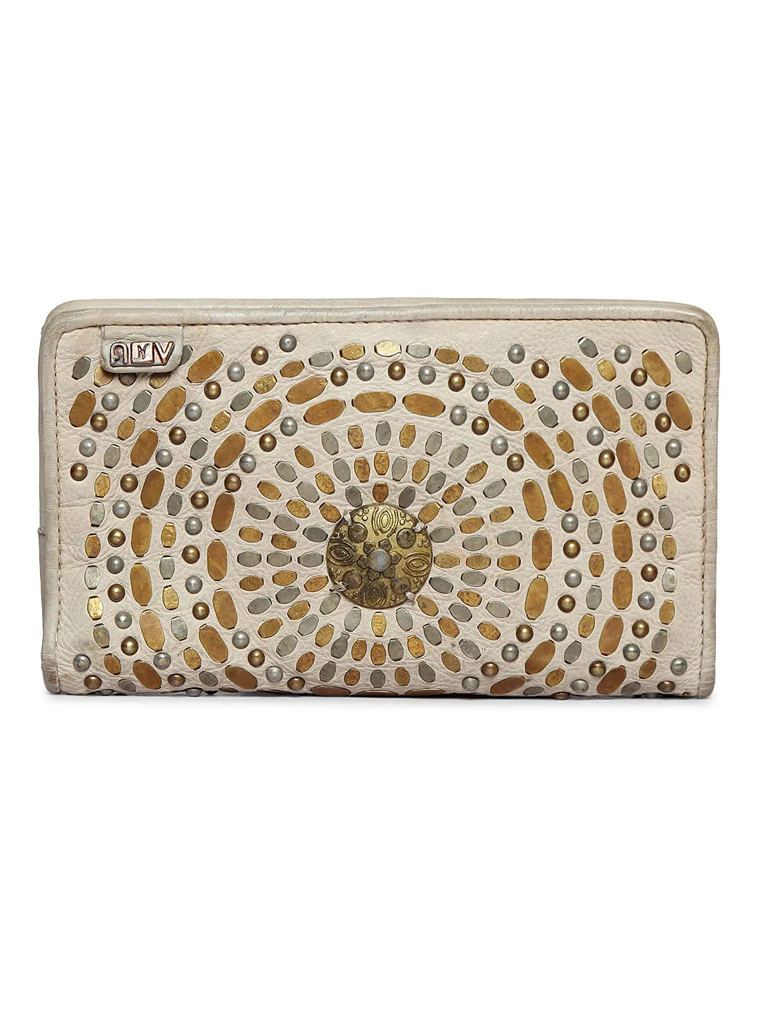 Studded Embellishment: Beige Leather Studded Wallet By Art N Vintage