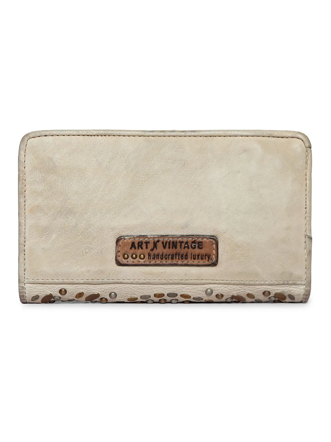 Studded Embellishment: Beige Leather Studded Wallet By Art N Vintage