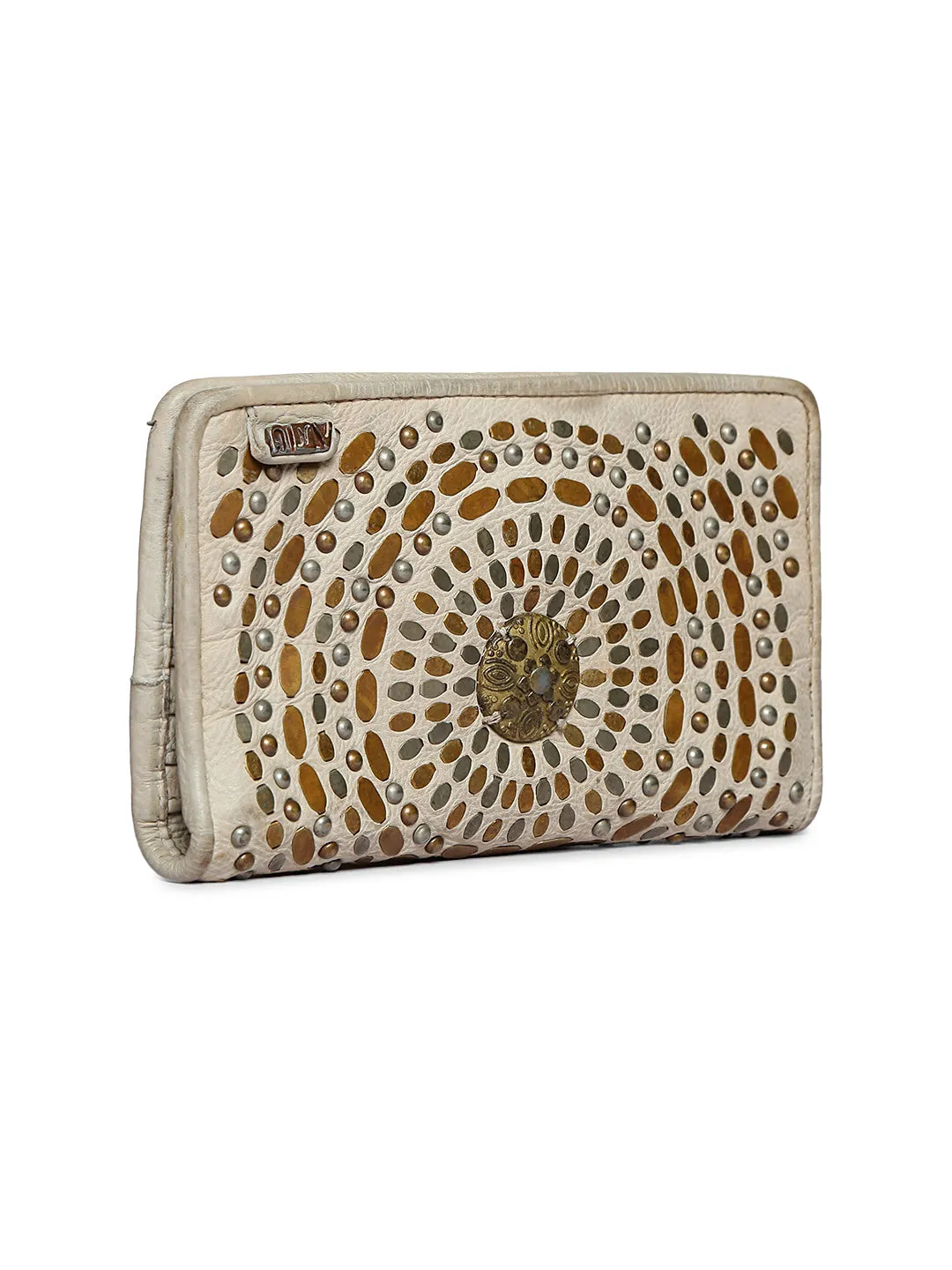 Studded Embellishment: Beige Leather Studded Wallet By Art N Vintage