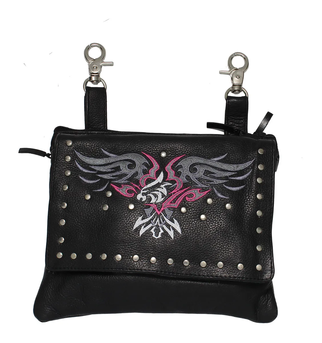 Studded Naked Cowhide Leather Gun Holster Belt Bag with Pink & Silver Eagle