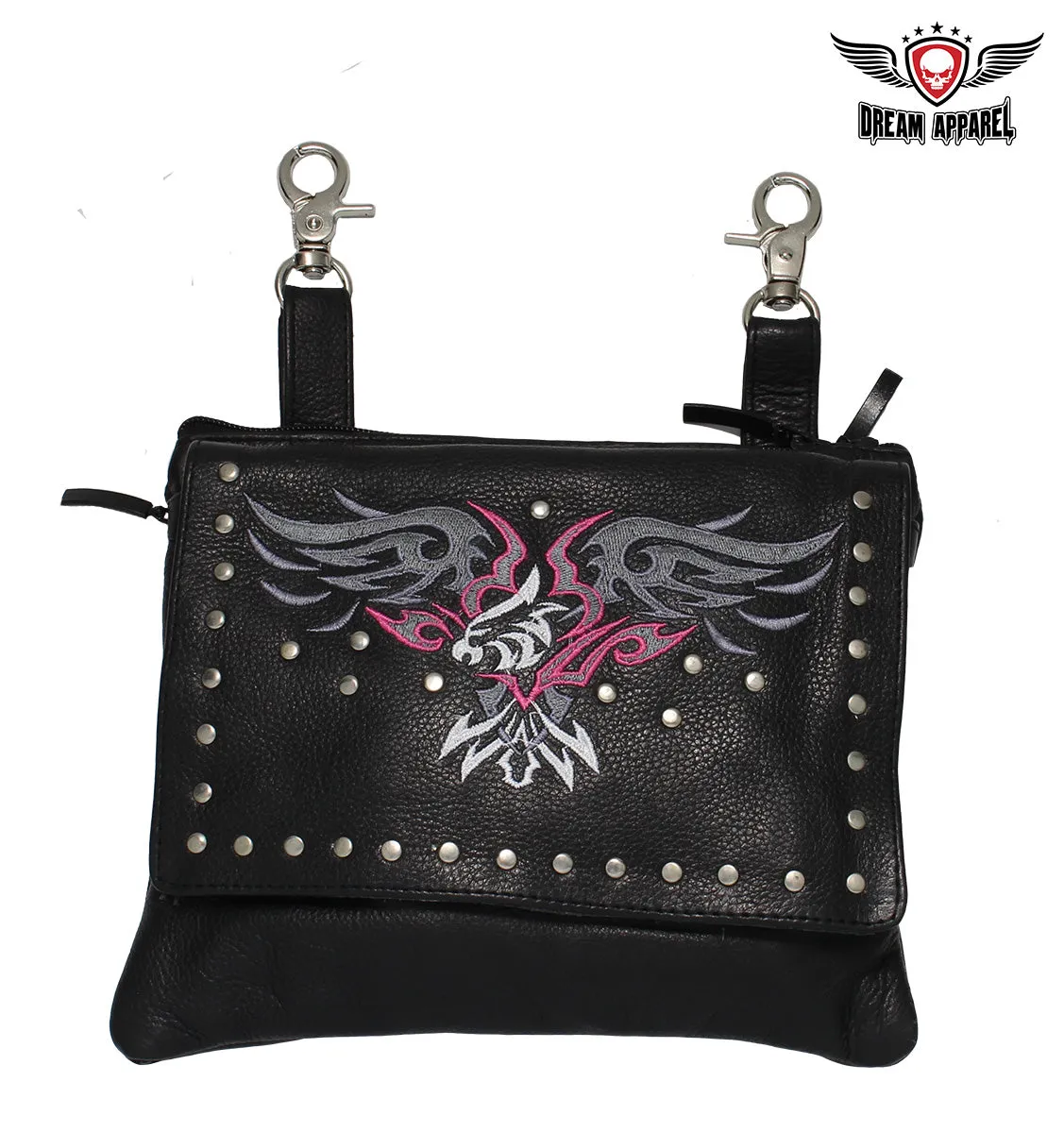 Studded Naked Cowhide Leather Gun Holster Belt Bag with Pink & Silver Eagle