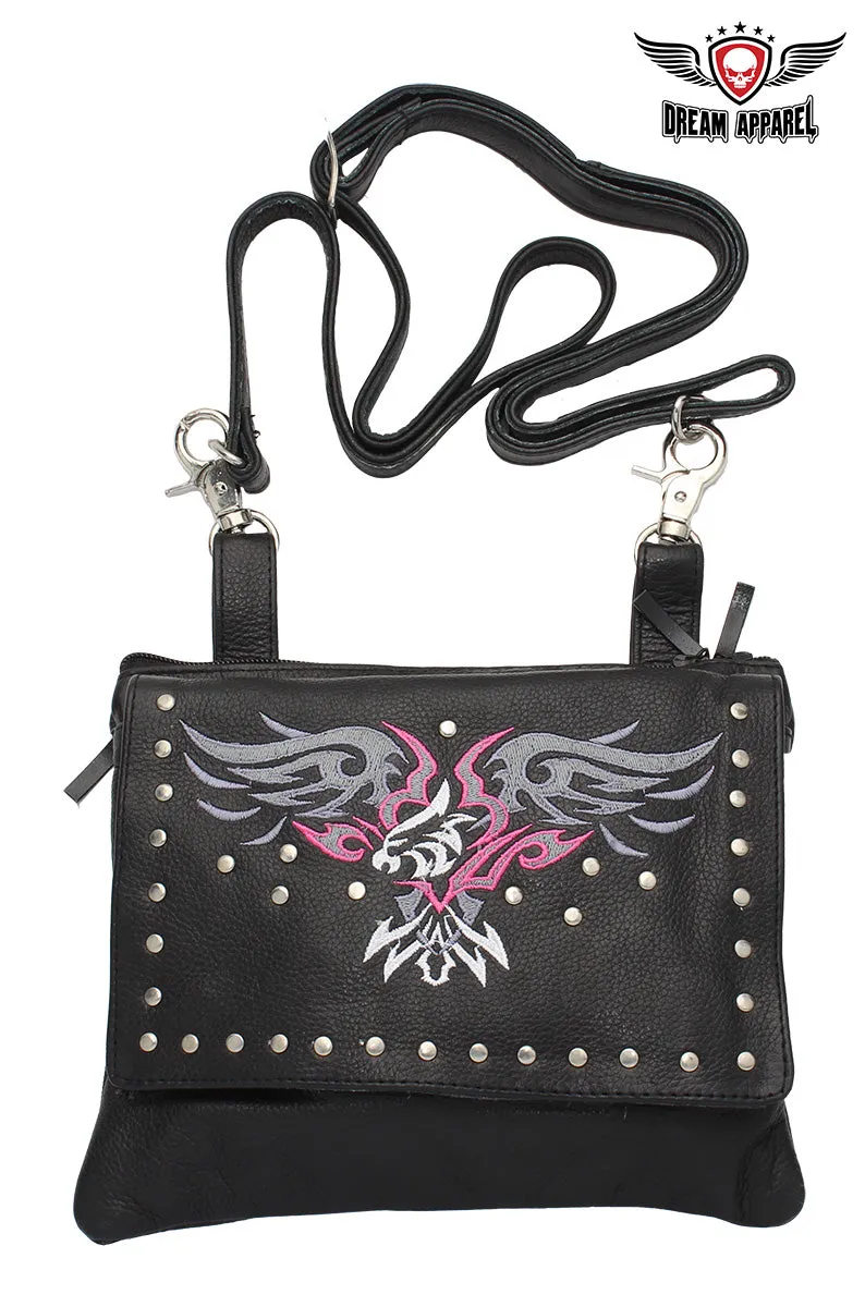 Studded Naked Cowhide Leather Gun Holster Belt Bag with Pink & Silver Eagle