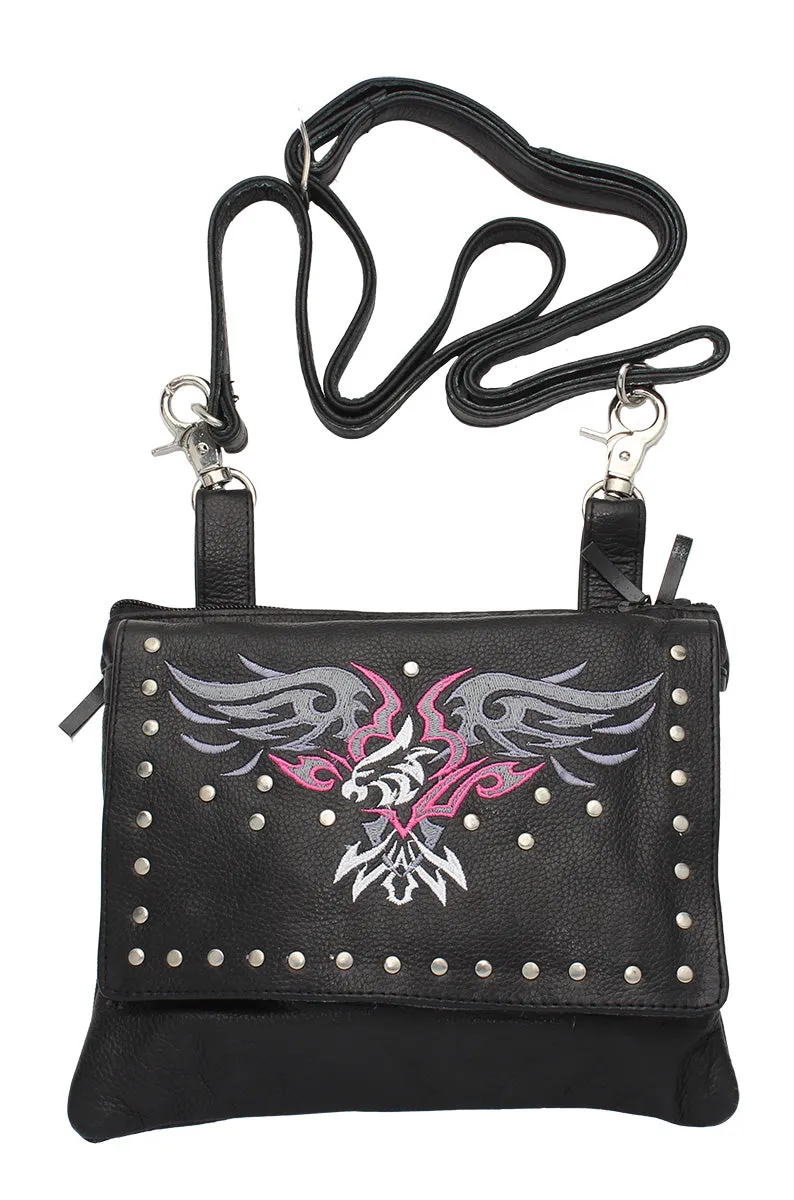 Studded Naked Cowhide Leather Gun Holster Belt Bag with Pink & Silver Eagle