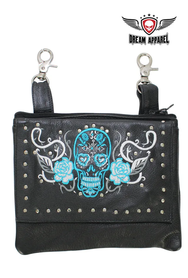 Studded Turquoise & White Sugar Skull Naked Cowhide Leather Belt Bag W/ Gun Pocket