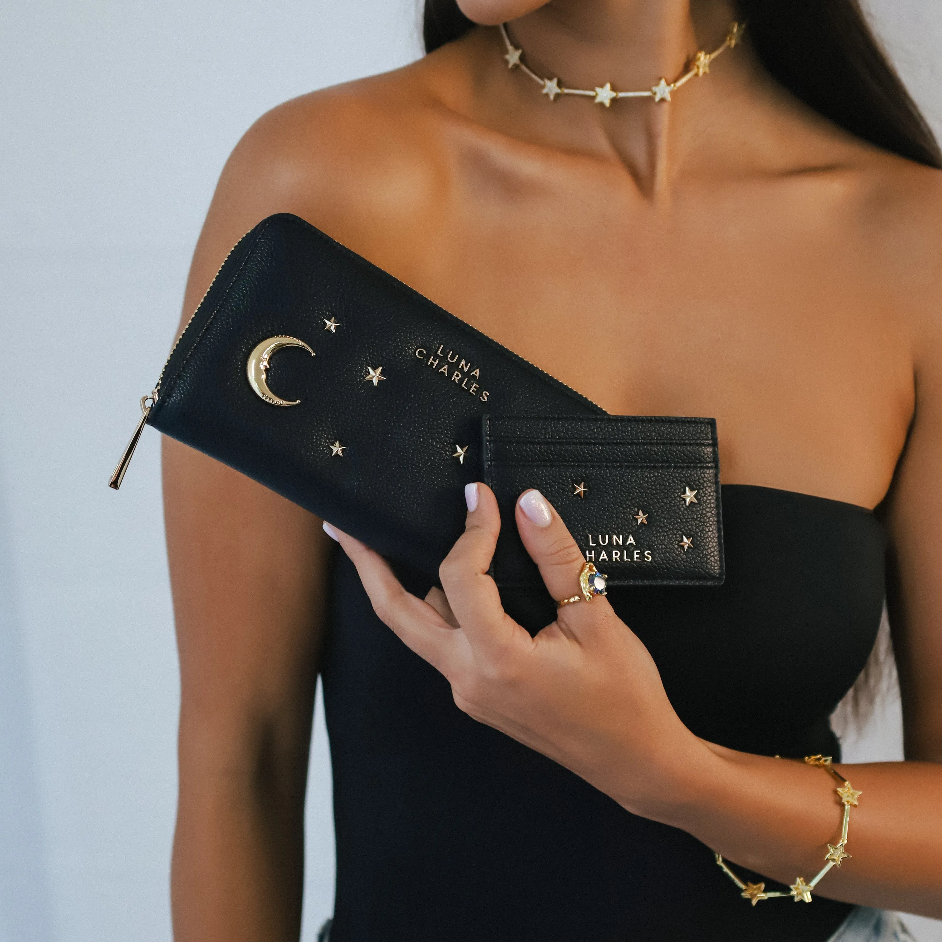 Tala Star Studded Card Holder - Black & Gold