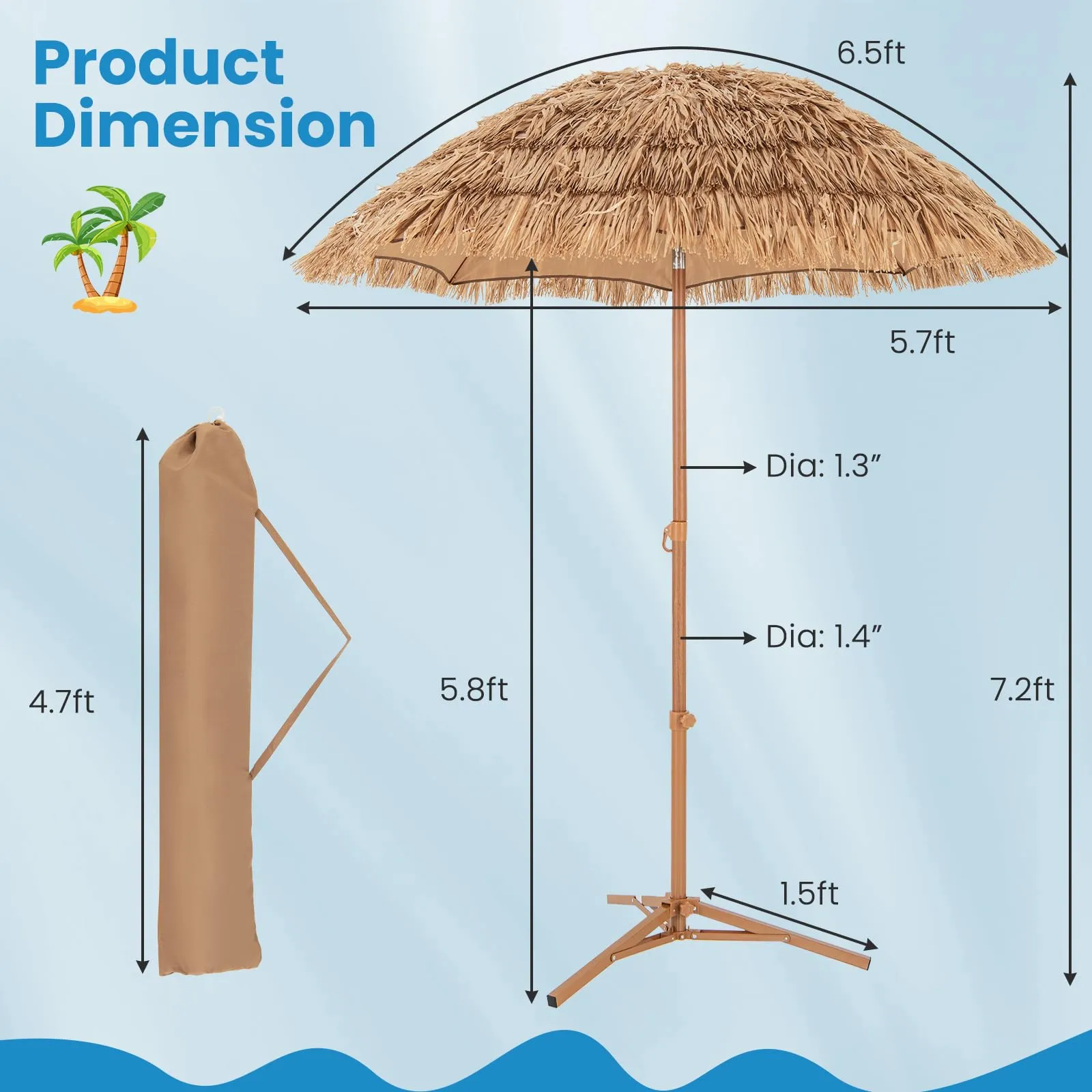 Tangkula 6.5Ft Tiki Patio Umbrella with Base, Hawaiian Style Outdoor PP Grass Umbrella