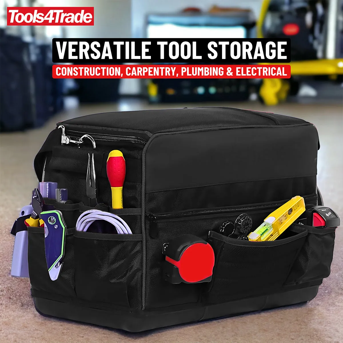 Tools4Trade 20" (50cm) Heavy-Duty Tool Bag with Multi-Pockets & Hard Base - Black