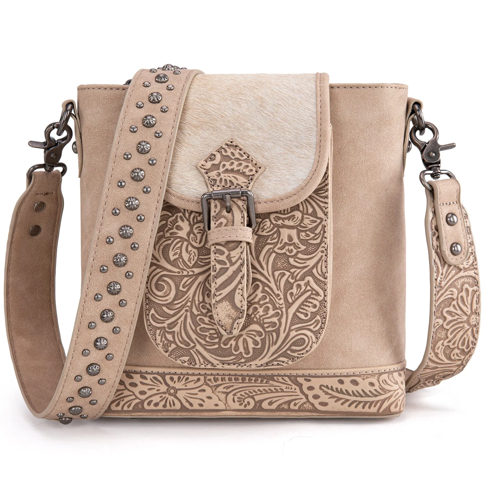 TR185G-9360  Trinity Ranch Genuine Hair-On Cowhide Tooled Concealed Carry Crossbody Bag- Tan