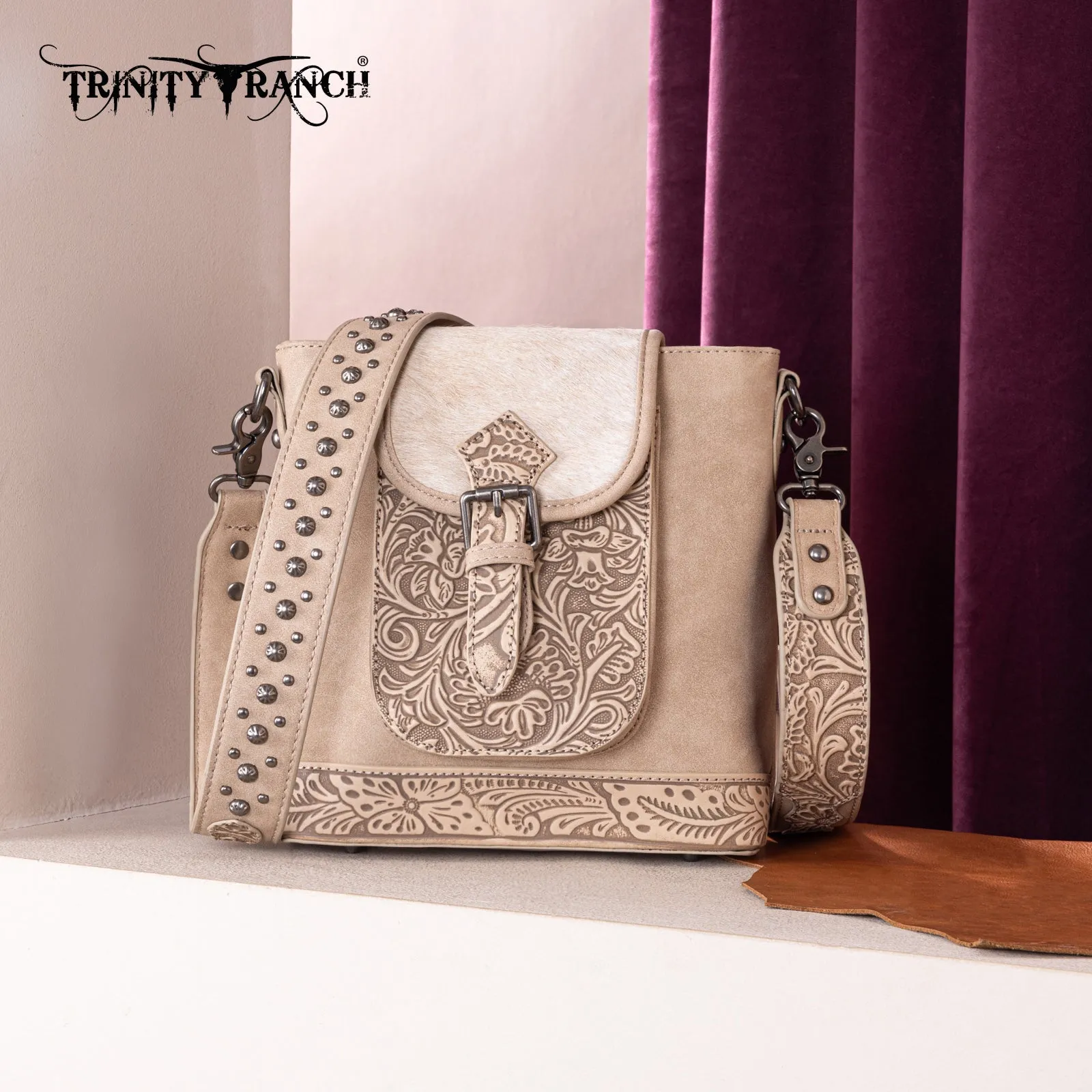 TR185G-9360  Trinity Ranch Genuine Hair-On Cowhide Tooled Concealed Carry Crossbody Bag- Tan