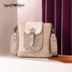 TR185G-9360  Trinity Ranch Genuine Hair-On Cowhide Tooled Concealed Carry Crossbody Bag- Tan