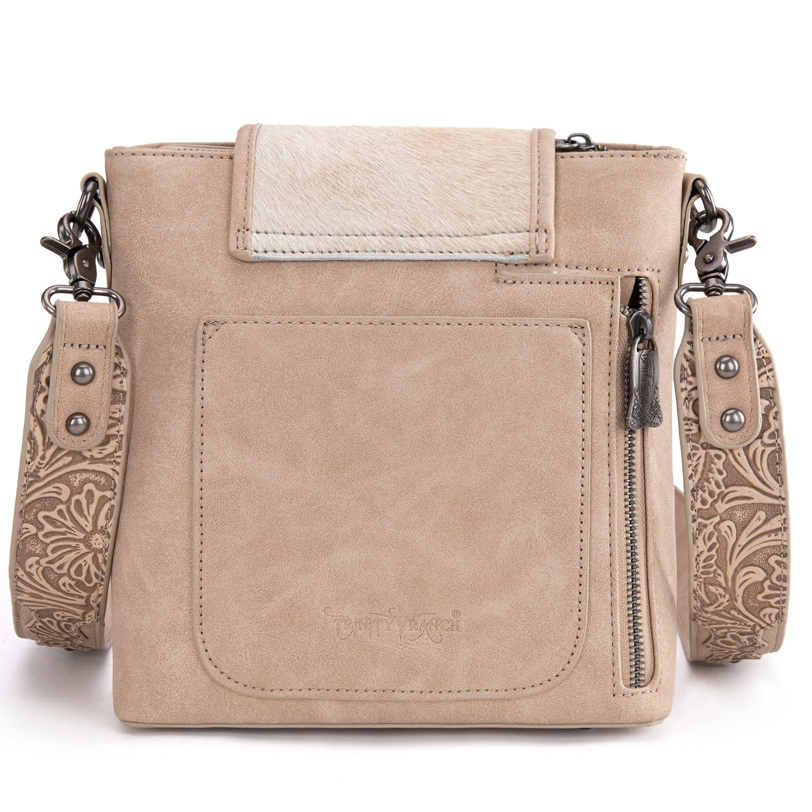 TR185G-9360  Trinity Ranch Genuine Hair-On Cowhide Tooled Concealed Carry Crossbody Bag- Tan