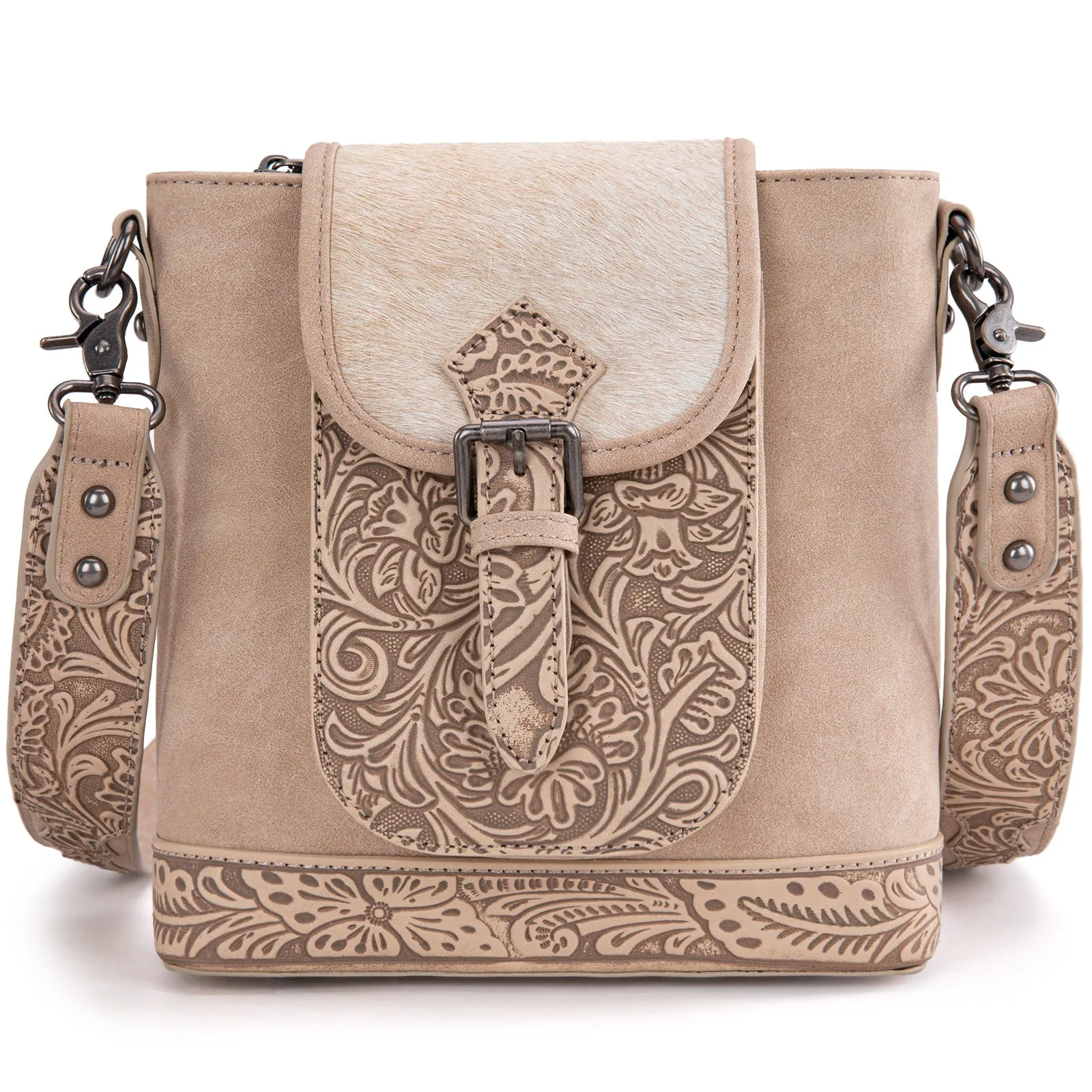 TR185G-9360  Trinity Ranch Genuine Hair-On Cowhide Tooled Concealed Carry Crossbody Bag- Tan