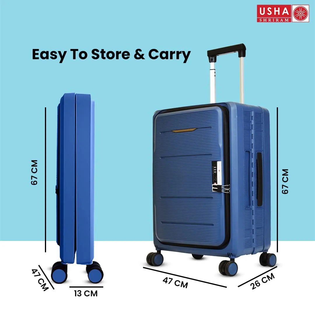 USHA SHRIRAM Check-in Bag (24 inch - 65cm) Collapsible Luggage Bag | Polypropylene Shell | Navy Blue | Suitcase for Travel | 360 Degree Wheel & Lock | Foldable Trolley Bag for Travel