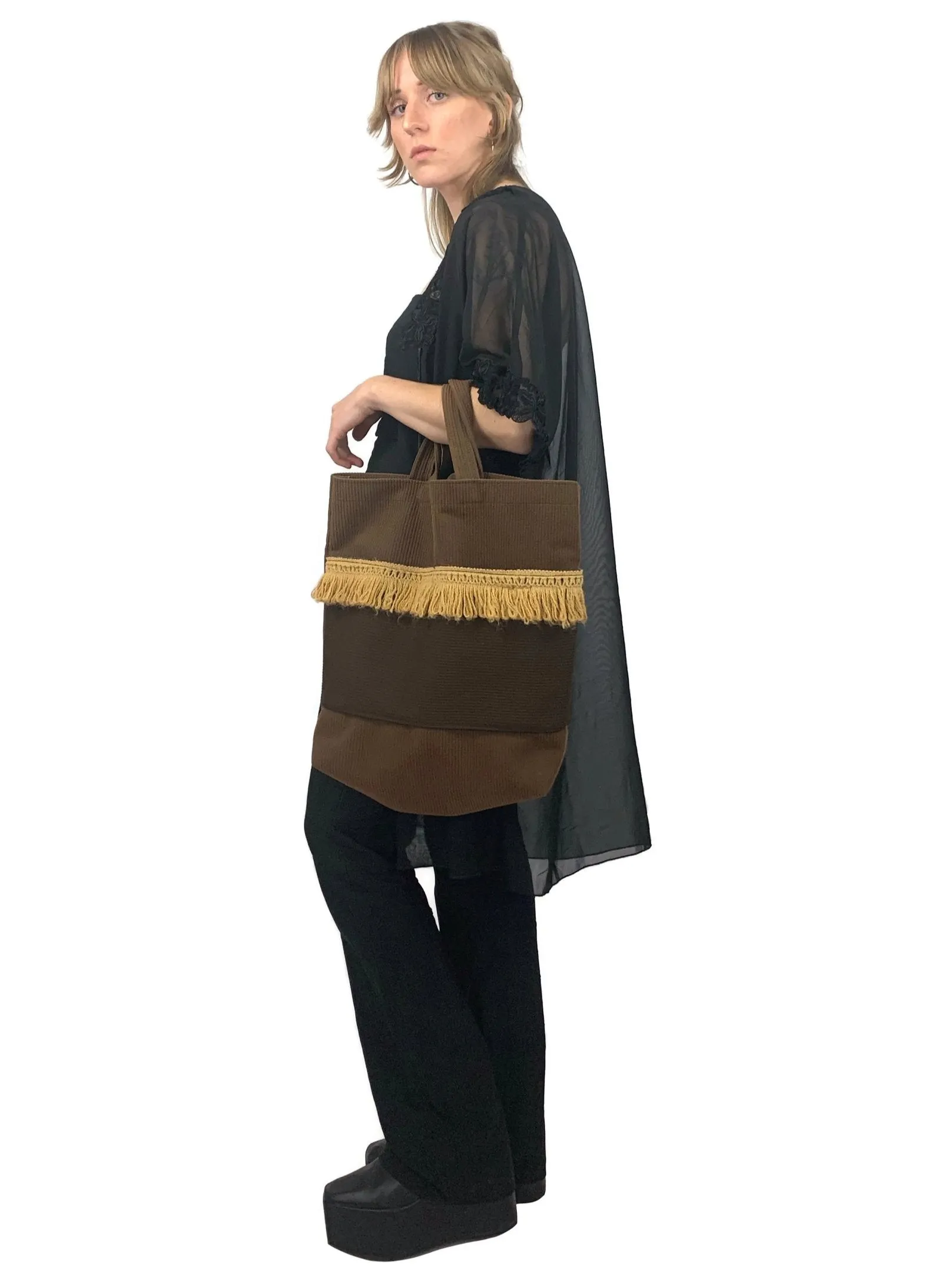 Vintage 70s Bohemian Hippie Fringed Brown Colourblock Top Handle Tote Bag Purse