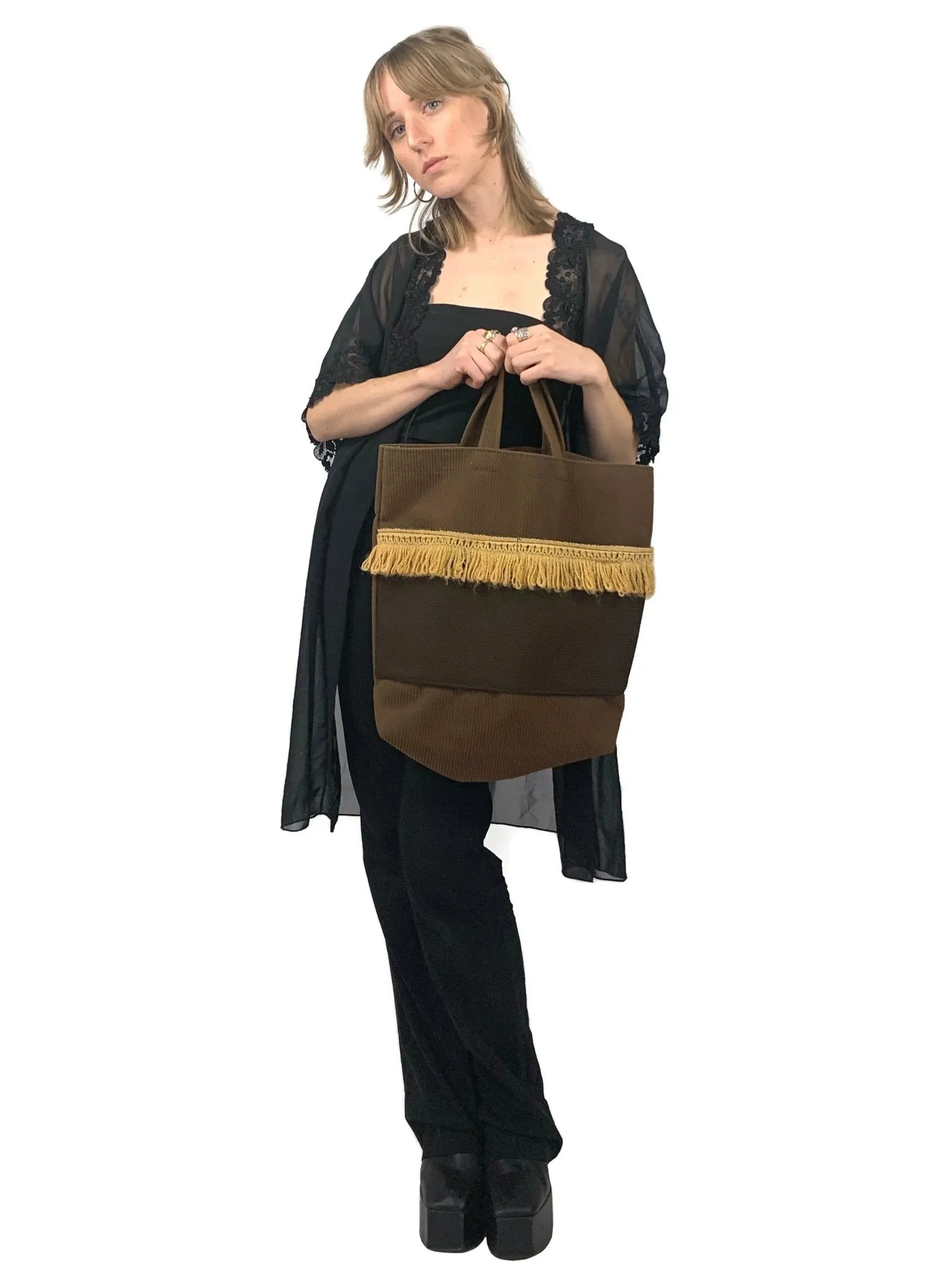 Vintage 70s Bohemian Hippie Fringed Brown Colourblock Top Handle Tote Bag Purse