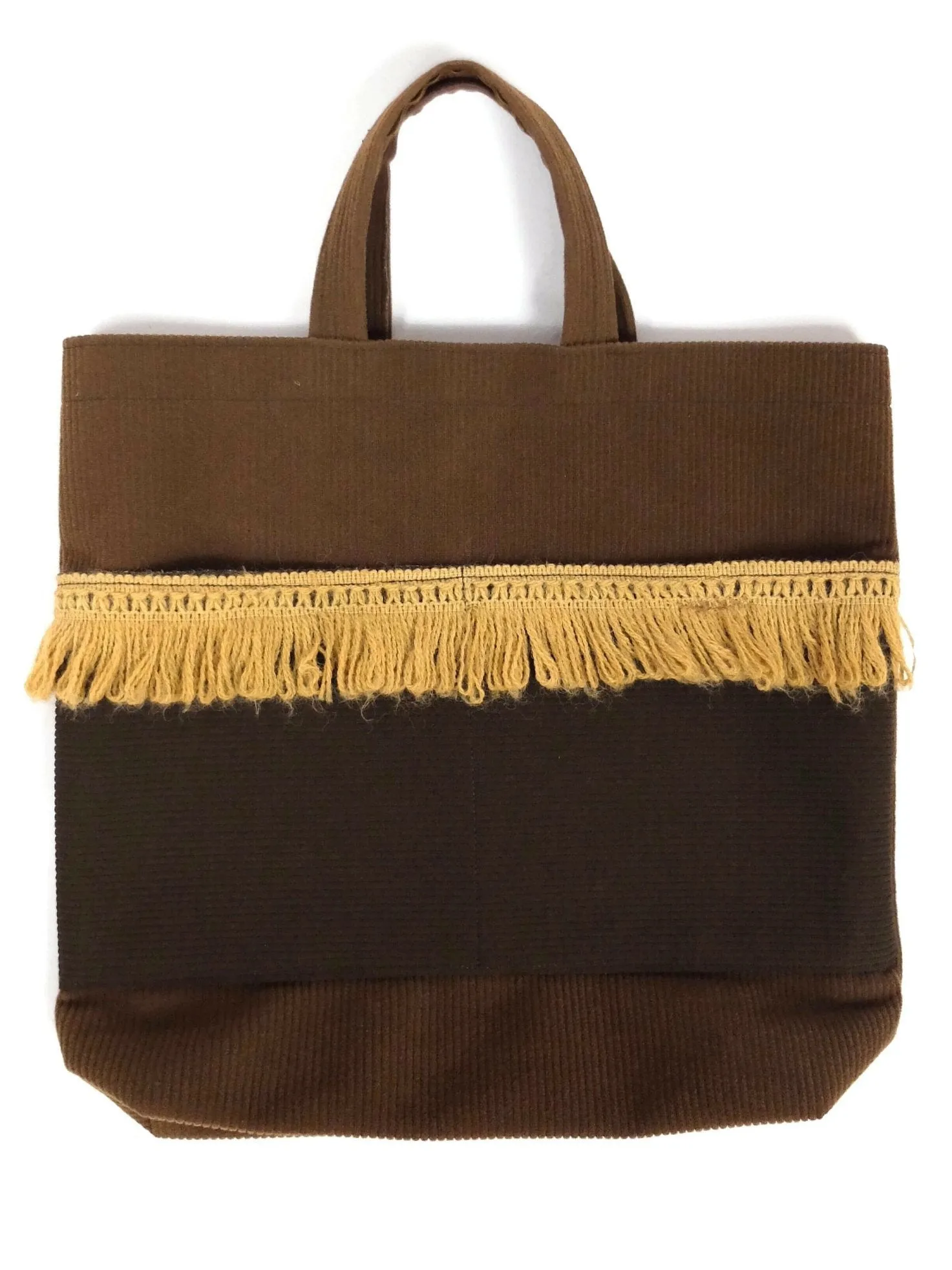 Vintage 70s Bohemian Hippie Fringed Brown Colourblock Top Handle Tote Bag Purse