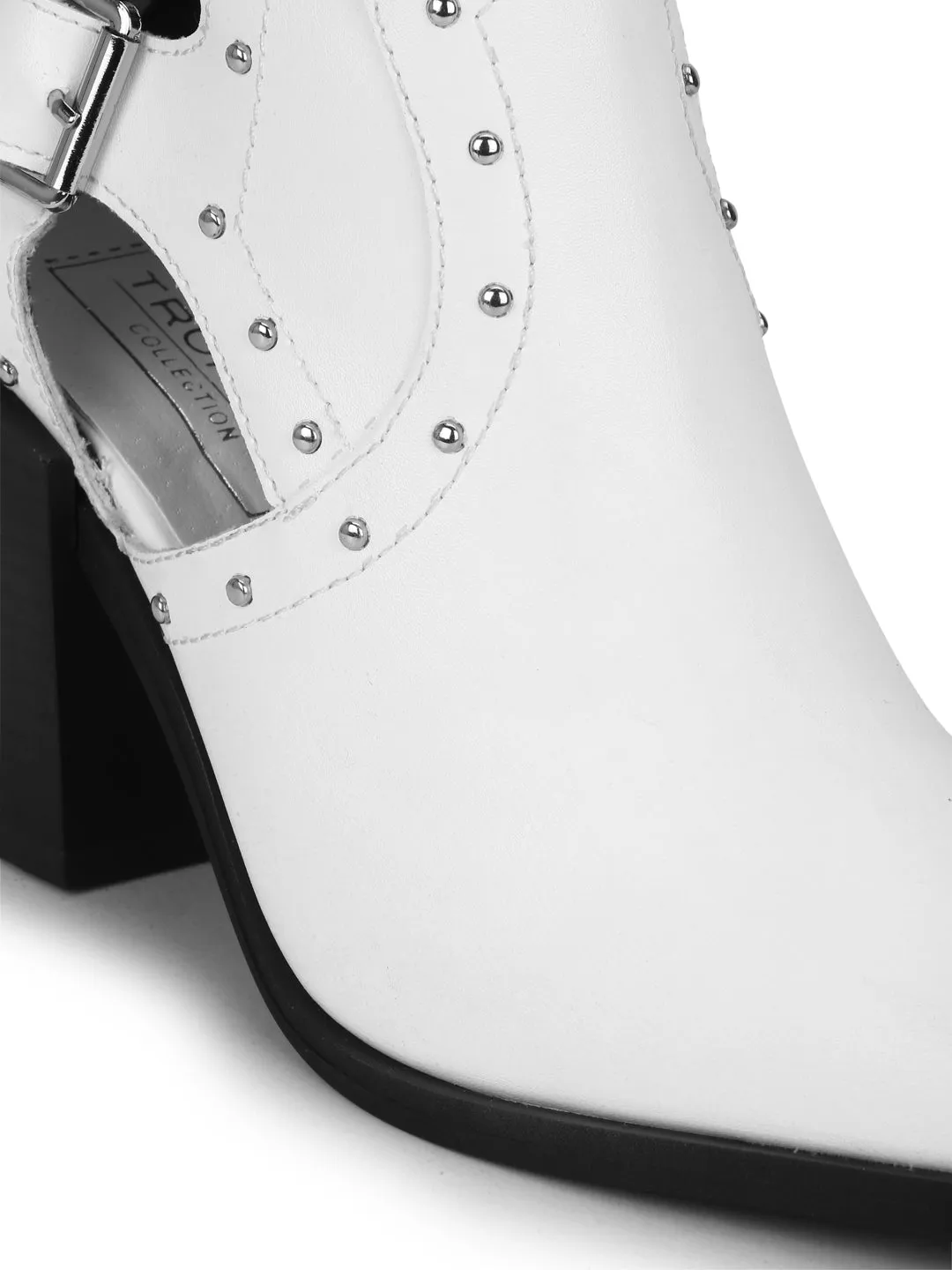 White Pu Buckled Up Studded Block Heel Ankle Boots