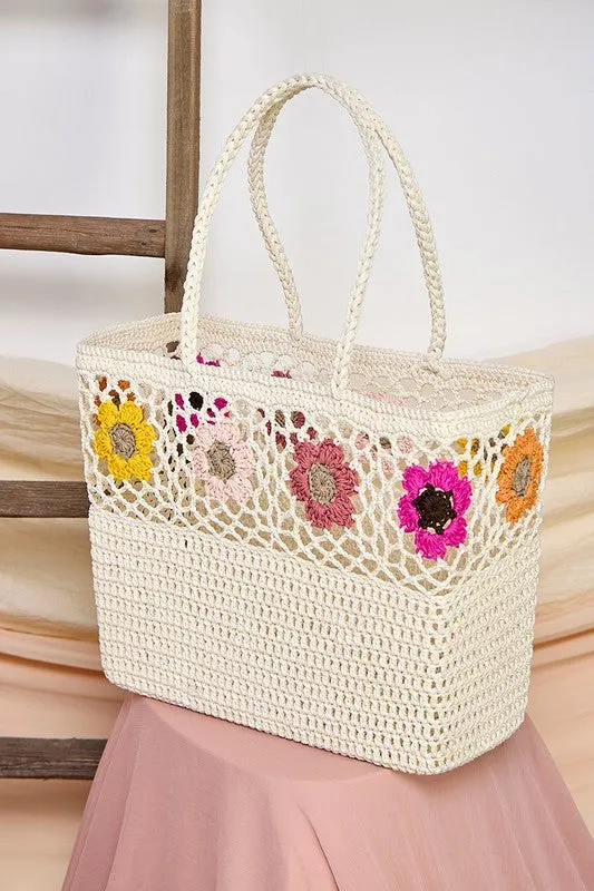 White Vibrant Floral Shoulder Hand Bag Handmade Crochet