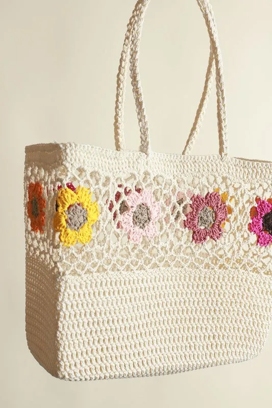 White Vibrant Floral Shoulder Hand Bag Handmade Crochet